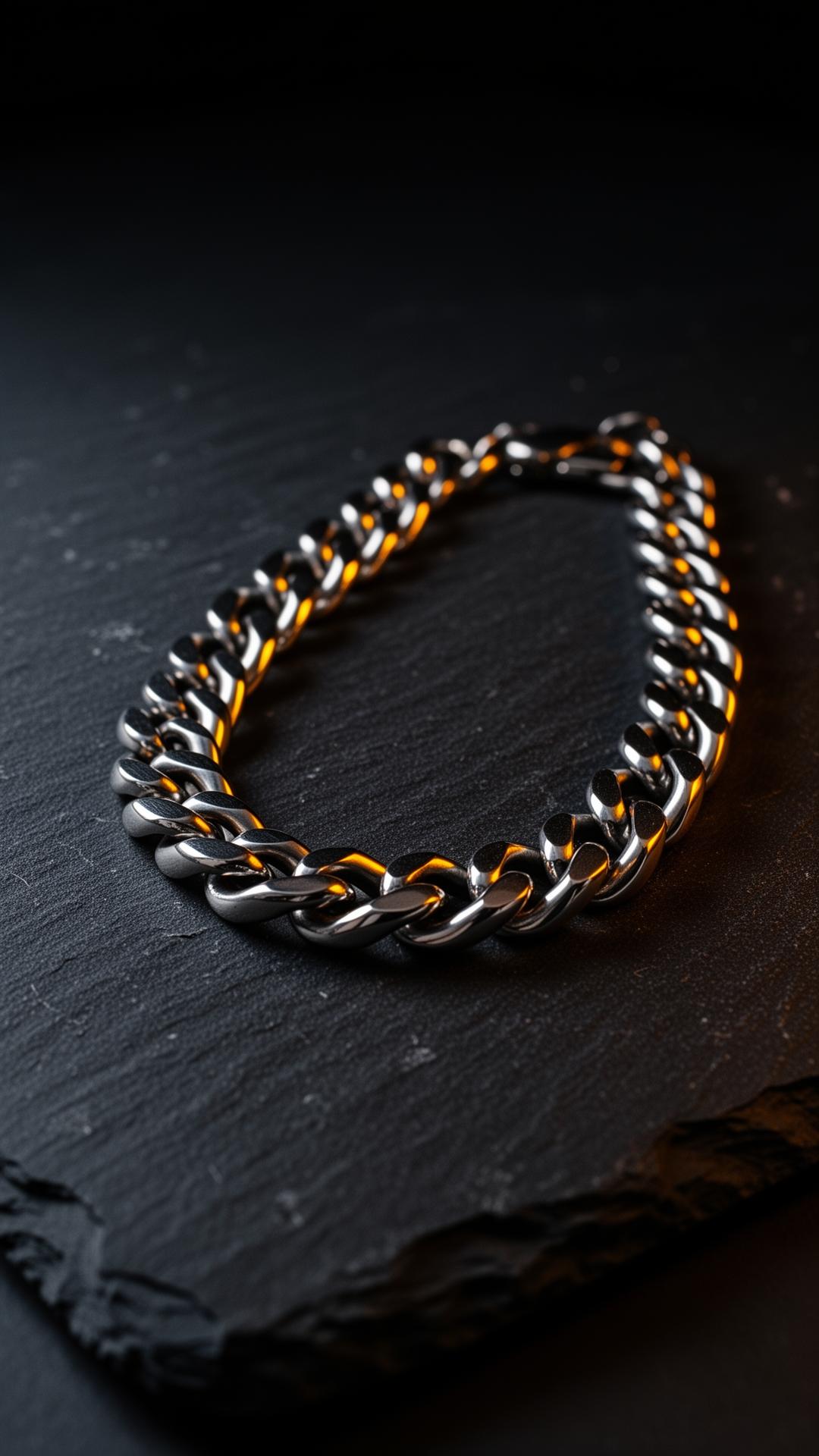 Polished stainless steel curb chain on slate